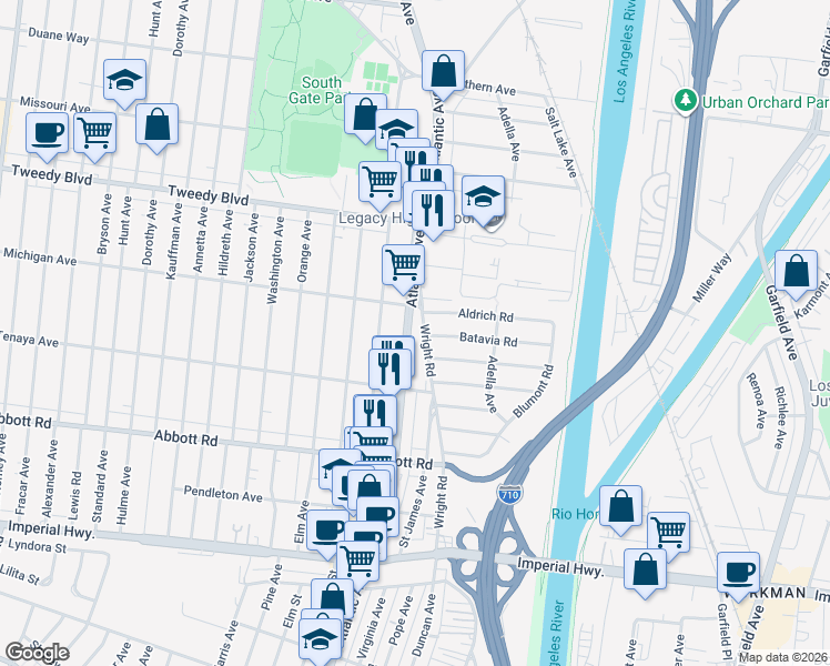 map of restaurants, bars, coffee shops, grocery stores, and more near 10240 Atlantic Avenue in South Gate