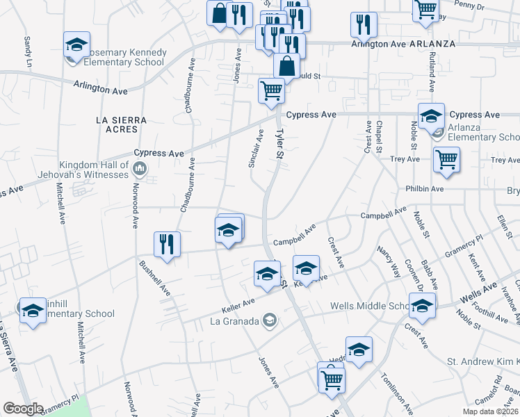 map of restaurants, bars, coffee shops, grocery stores, and more near 10334 Robinson Avenue in Riverside