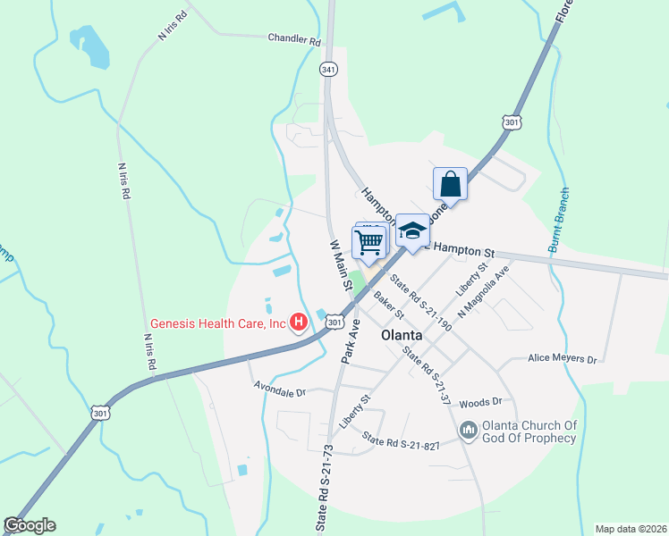 map of restaurants, bars, coffee shops, grocery stores, and more near 129 W Main St in Olanta