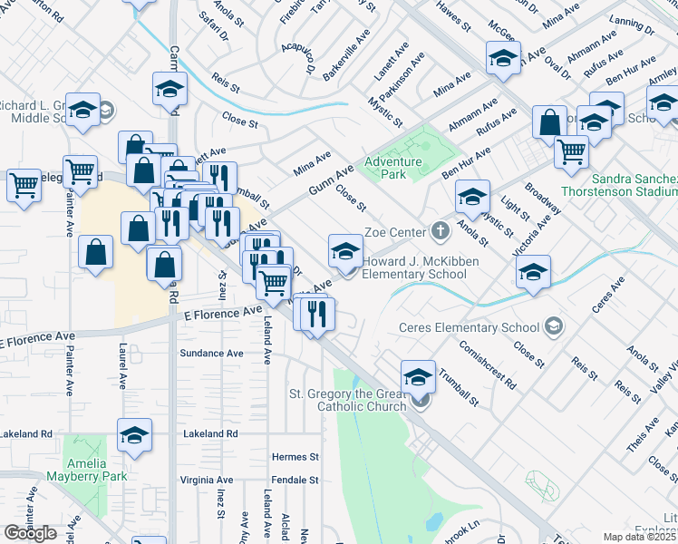 map of restaurants, bars, coffee shops, grocery stores, and more near 10541 Mills Avenue in Whittier