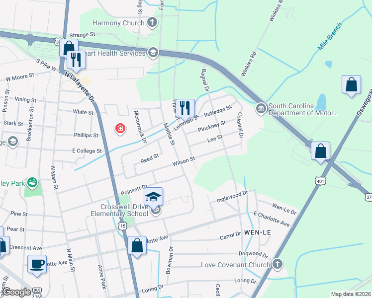 map of restaurants, bars, coffee shops, grocery stores, and more near 805 Mathis Street in Sumter