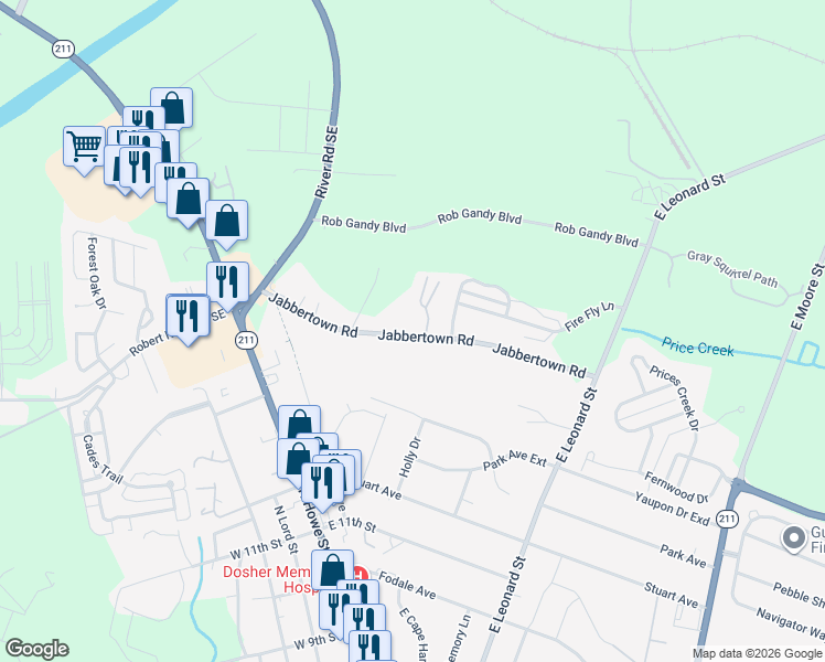 map of restaurants, bars, coffee shops, grocery stores, and more near 559 Jabbertown Rd in Southport