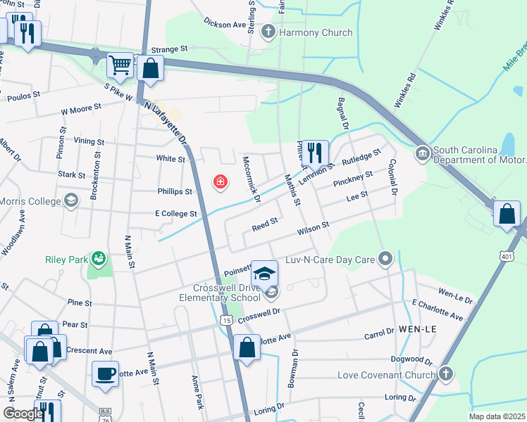 map of restaurants, bars, coffee shops, grocery stores, and more near 43 Lemmon Street in Sumter
