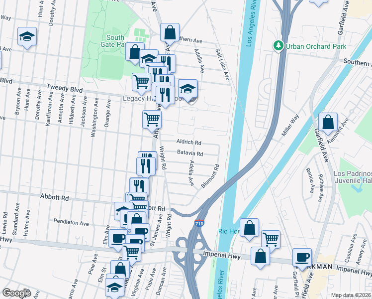 map of restaurants, bars, coffee shops, grocery stores, and more near 5259 Batavia Road in South Gate
