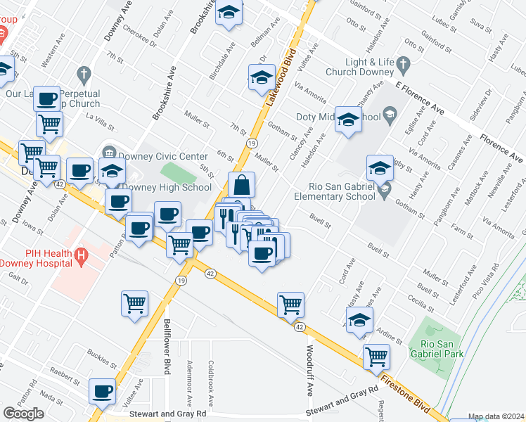 map of restaurants, bars, coffee shops, grocery stores, and more near 10734 Clancey Avenue in Downey