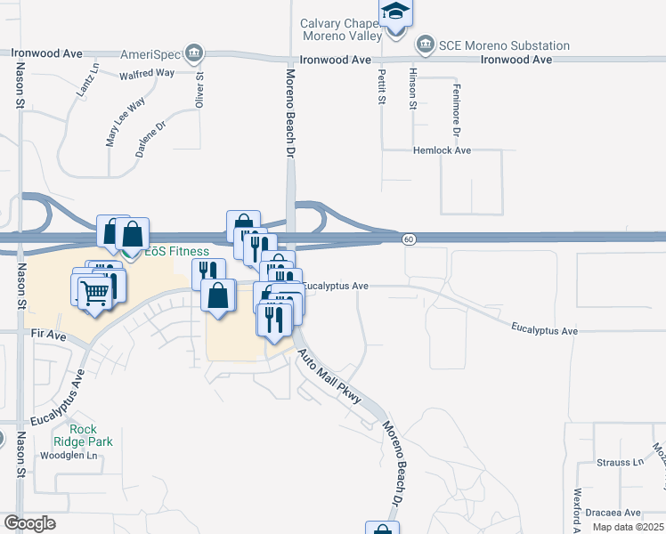 map of restaurants, bars, coffee shops, grocery stores, and more near 27810 Eucalyptus Avenue in Moreno Valley