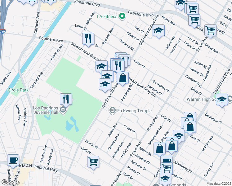 map of restaurants, bars, coffee shops, grocery stores, and more near 7418 Laura Street in Downey