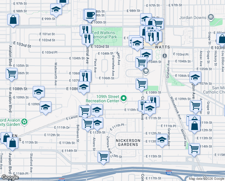 map of restaurants, bars, coffee shops, grocery stores, and more near 1358 East 108th Street in Los Angeles