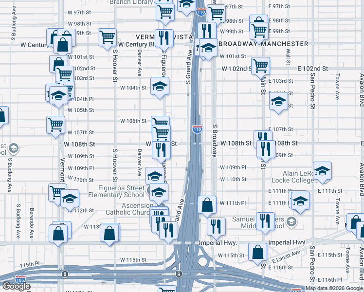 map of restaurants, bars, coffee shops, grocery stores, and more near 413 West 109th Street in Los Angeles