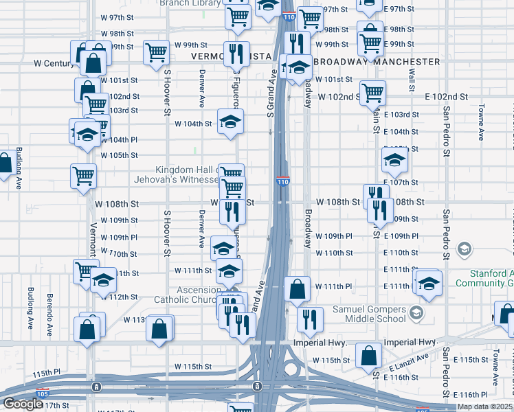 map of restaurants, bars, coffee shops, grocery stores, and more near 413 West 109th Street in Los Angeles