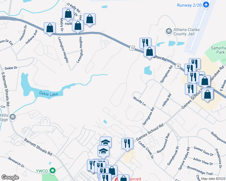 map of restaurants, bars, coffee shops, grocery stores, and more near 422 Seagraves Drive in Athens
