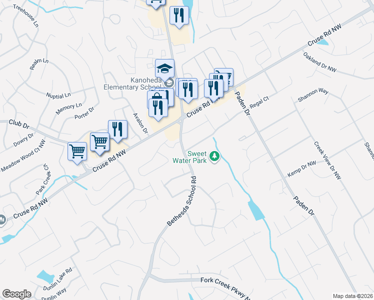 map of restaurants, bars, coffee shops, grocery stores, and more near 793 Bethesda School Road in Lawrenceville
