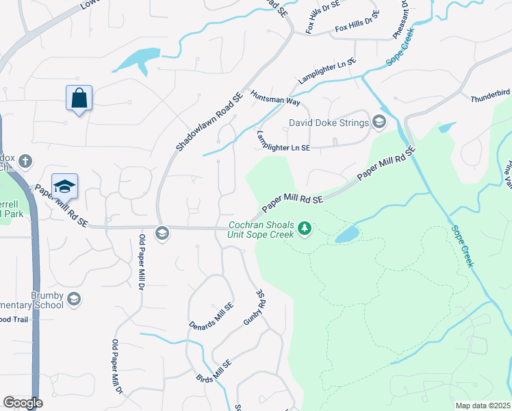 map of restaurants, bars, coffee shops, grocery stores, and more near 3639 Paper Mill Road Southeast in Marietta