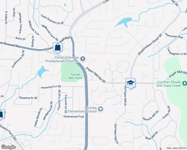 map of restaurants, bars, coffee shops, grocery stores, and more near 567 North Palisades Circle Southeast in Marietta