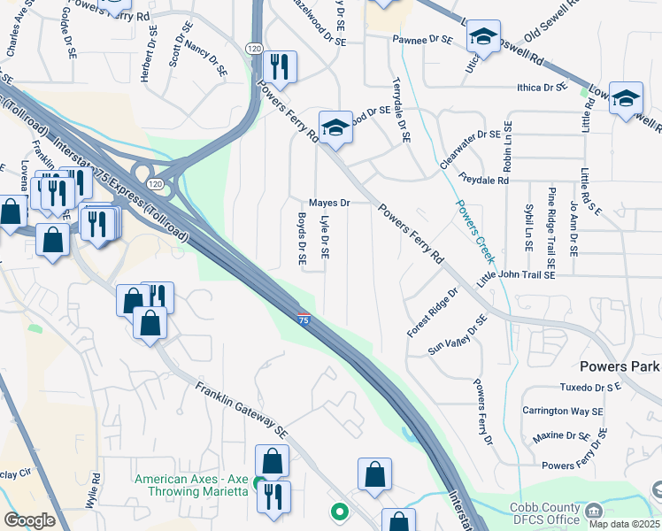 map of restaurants, bars, coffee shops, grocery stores, and more near 573 Lyle Drive Southeast in Marietta