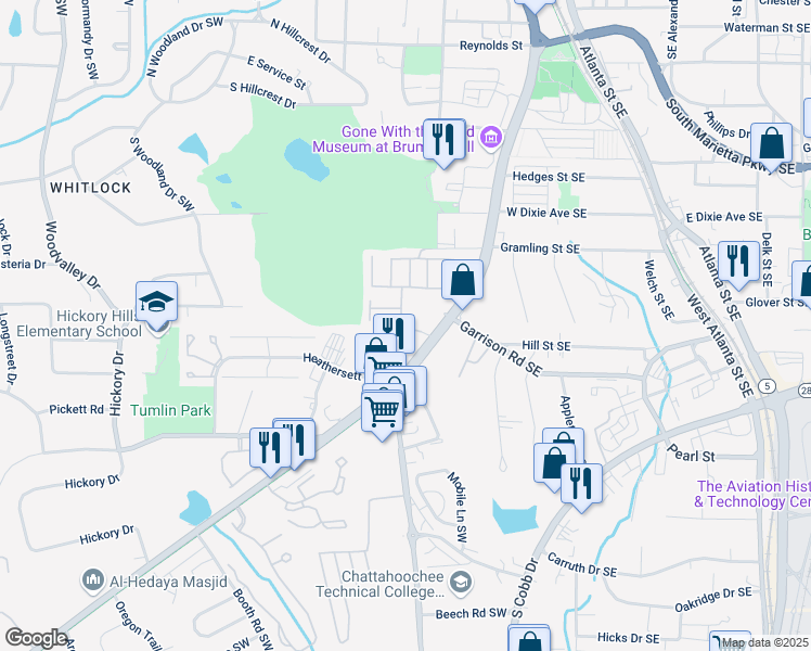 map of restaurants, bars, coffee shops, grocery stores, and more near 704 Fairlane Drive in Marietta