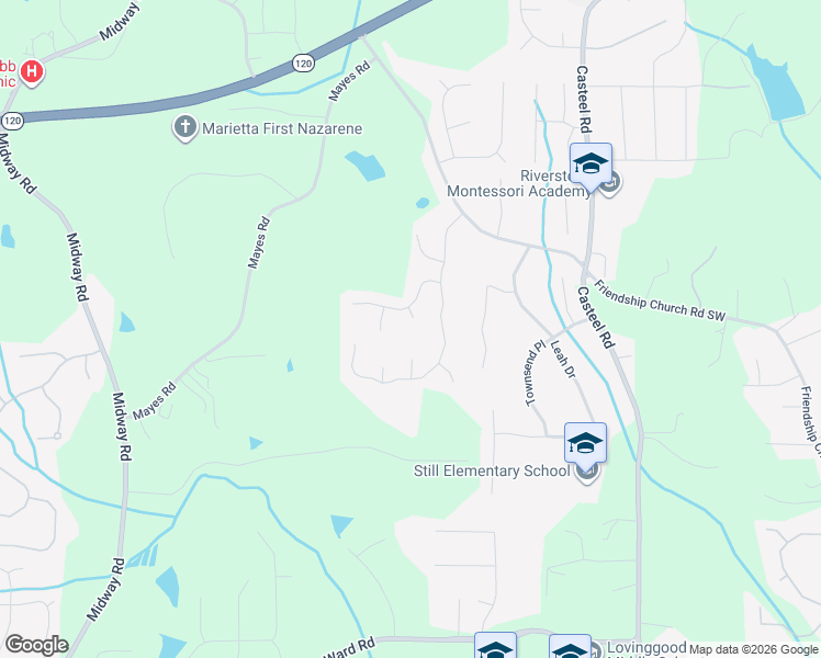 map of restaurants, bars, coffee shops, grocery stores, and more near 853 Rampart Court Southwest in Marietta