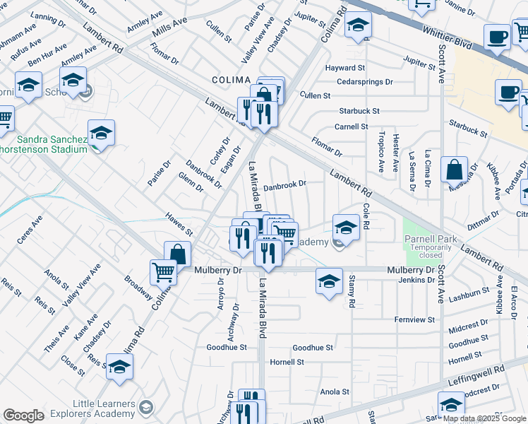 map of restaurants, bars, coffee shops, grocery stores, and more near 10536 La Mirada Boulevard in Whittier