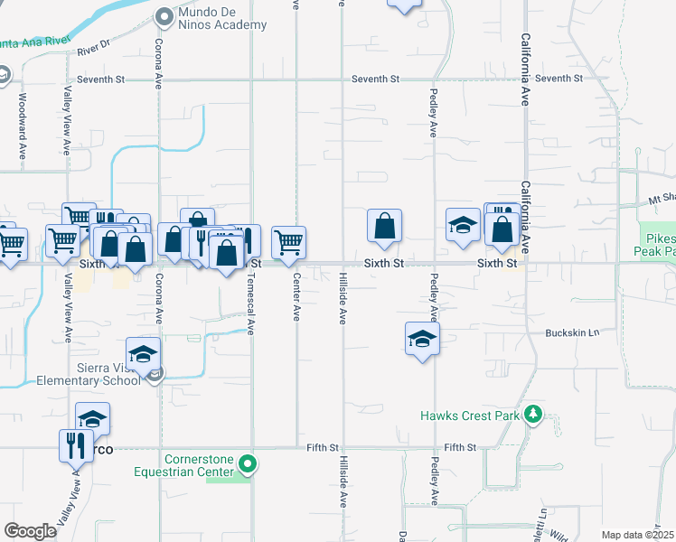map of restaurants, bars, coffee shops, grocery stores, and more near 710 Sixth Street in Norco