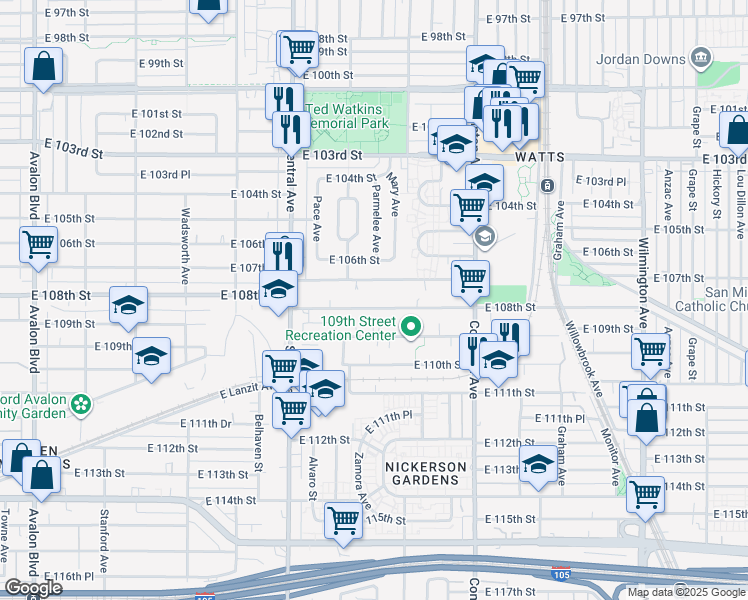 map of restaurants, bars, coffee shops, grocery stores, and more near 1358 East 108th Street in Los Angeles