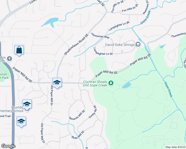 map of restaurants, bars, coffee shops, grocery stores, and more near 3639 Paper Mill Road Southeast in Marietta