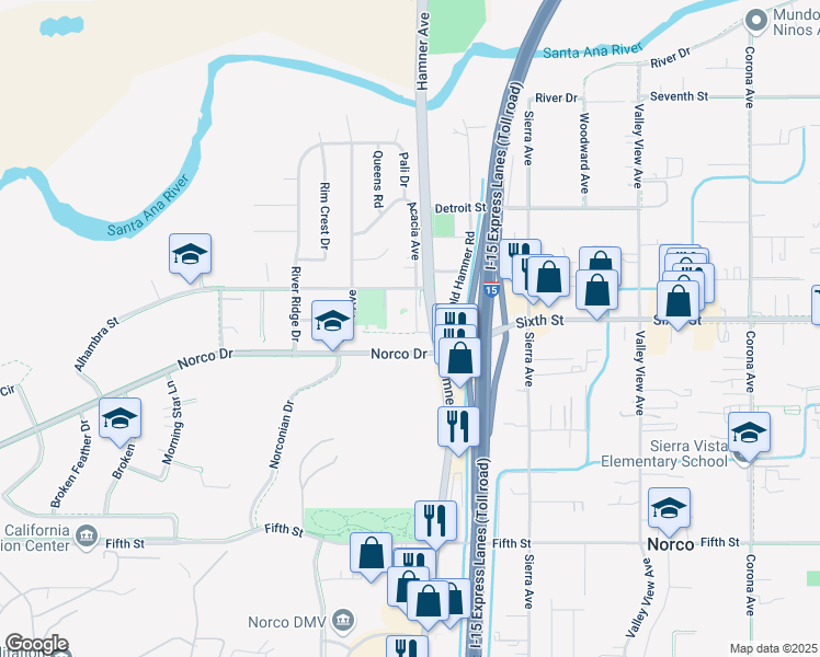 map of restaurants, bars, coffee shops, grocery stores, and more near 3900 Acacia Avenue in Norco