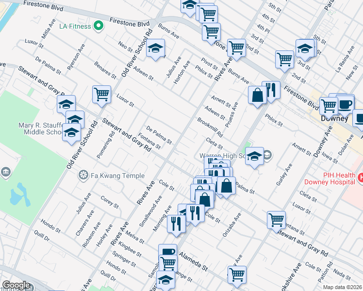map of restaurants, bars, coffee shops, grocery stores, and more near 7810 Luxor Street in Downey