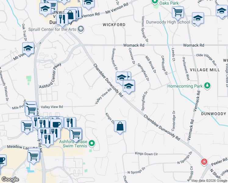 map of restaurants, bars, coffee shops, grocery stores, and more near 4848 Kings Down Road in Dunwoody
