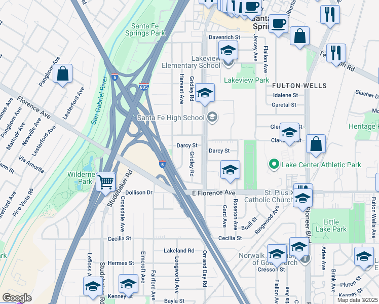 map of restaurants, bars, coffee shops, grocery stores, and more near 10539 Gridley Road in Santa Fe Springs