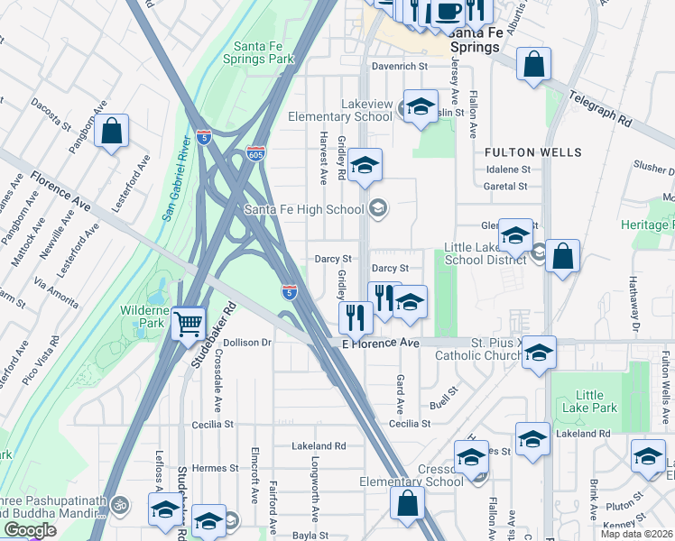 map of restaurants, bars, coffee shops, grocery stores, and more near 10565 Gridley Road in Santa Fe Springs