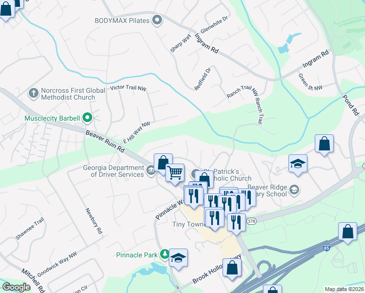map of restaurants, bars, coffee shops, grocery stores, and more near 5137 Tahoe Court Northwest in Norcross