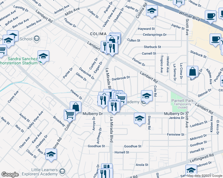 map of restaurants, bars, coffee shops, grocery stores, and more near 10536 La Mirada Boulevard in Whittier