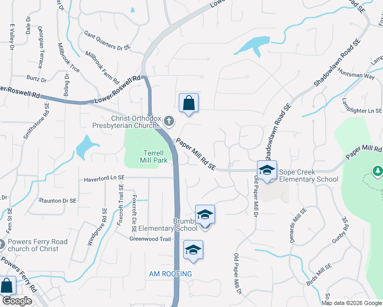 map of restaurants, bars, coffee shops, grocery stores, and more near 584 North Palisades Circle Southeast in Marietta