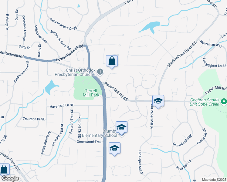 map of restaurants, bars, coffee shops, grocery stores, and more near 567 North Palisades Circle Southeast in Marietta