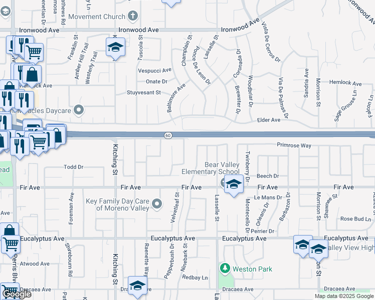 map of restaurants, bars, coffee shops, grocery stores, and more near 12548 Broadleaf Lane in Moreno Valley