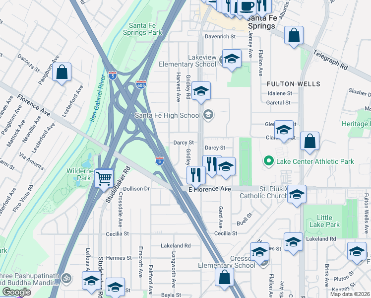 map of restaurants, bars, coffee shops, grocery stores, and more near 10539 Gridley Road in Santa Fe Springs
