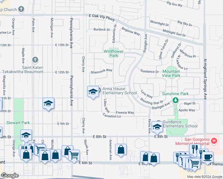 map of restaurants, bars, coffee shops, grocery stores, and more near 1390 Sweetpea Lane in Beaumont