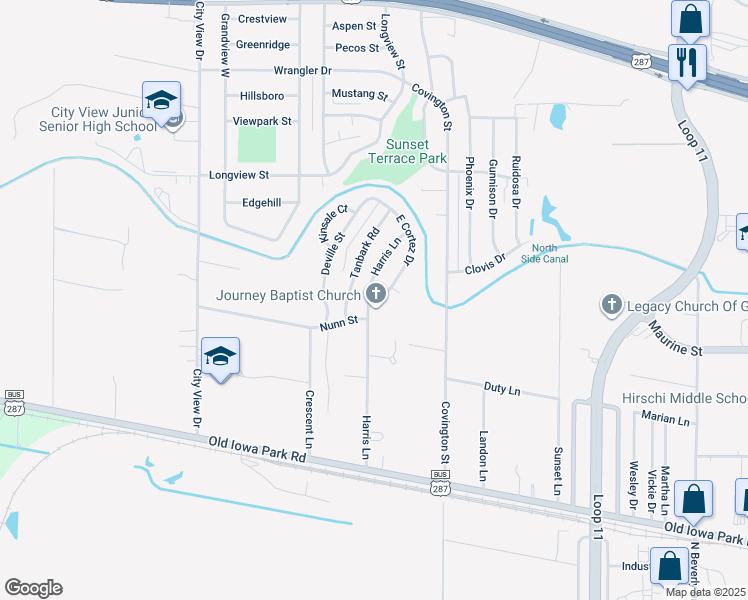 map of restaurants, bars, coffee shops, grocery stores, and more near 1401 East Cortez Drive in Wichita Falls