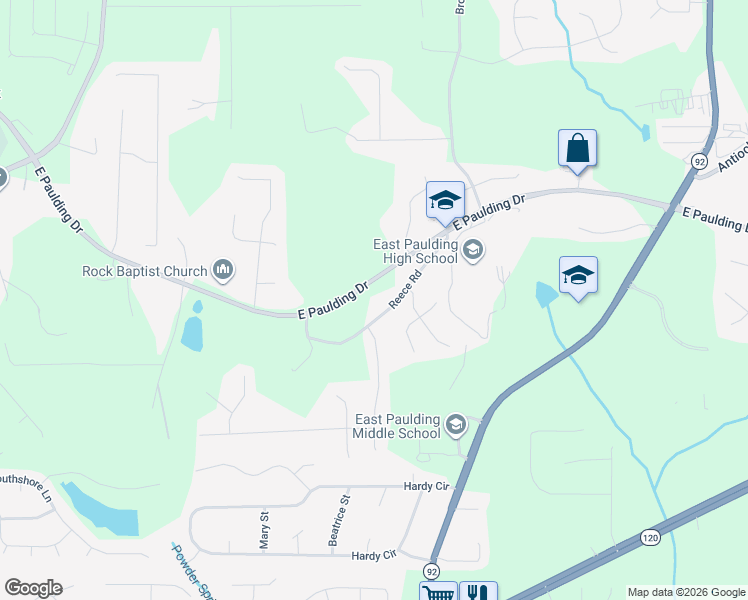 map of restaurants, bars, coffee shops, grocery stores, and more near 2896 East Paulding Drive in Dallas