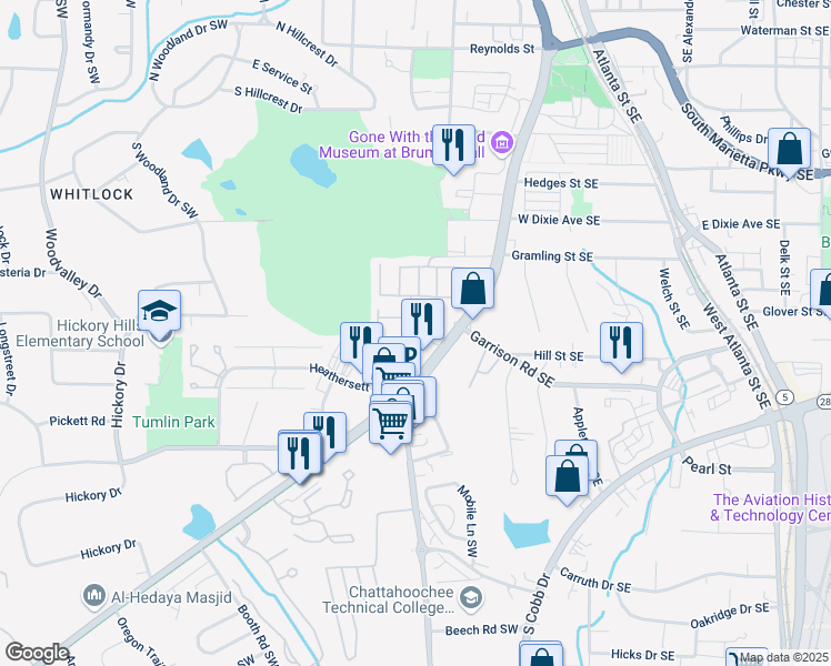 map of restaurants, bars, coffee shops, grocery stores, and more near 704 Fairlane Drive in Marietta