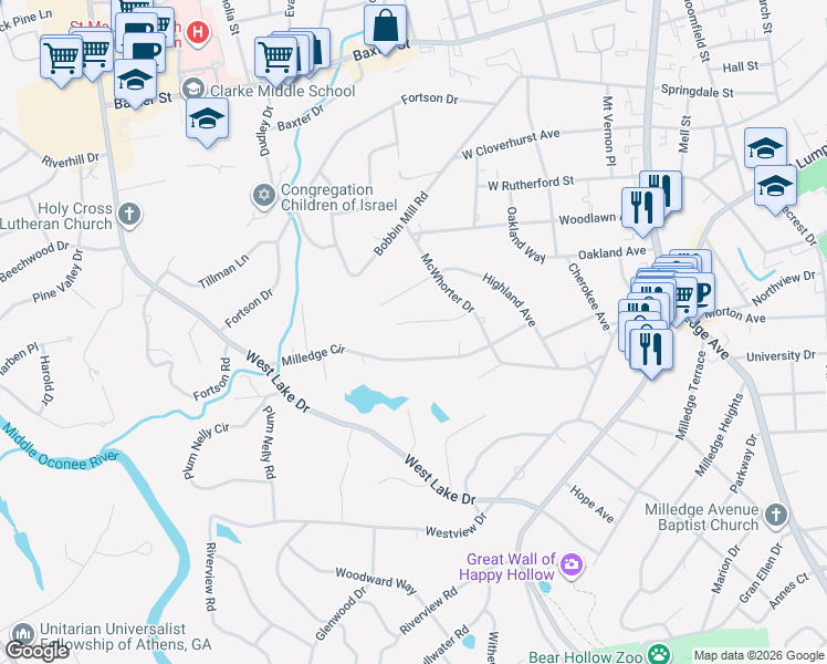 map of restaurants, bars, coffee shops, grocery stores, and more near 600 Milledge Cir in Athens