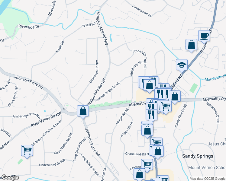 map of restaurants, bars, coffee shops, grocery stores, and more near 6715 Pine Mill Lane Northeast in Sandy Springs