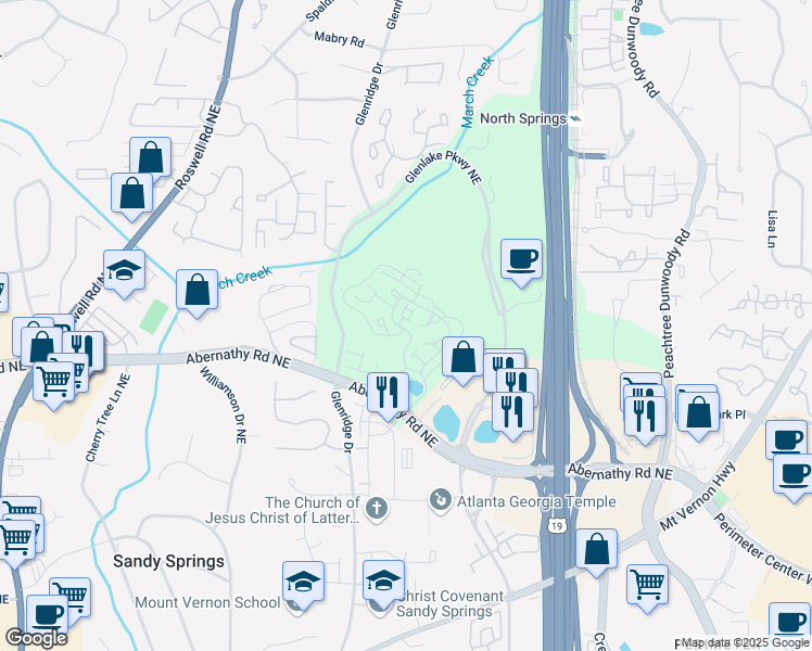map of restaurants, bars, coffee shops, grocery stores, and more near 6763 Encore Boulevard in Sandy Springs