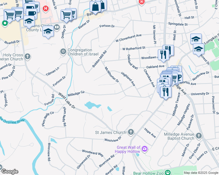 map of restaurants, bars, coffee shops, grocery stores, and more near 175 Rock Glen Road in Athens