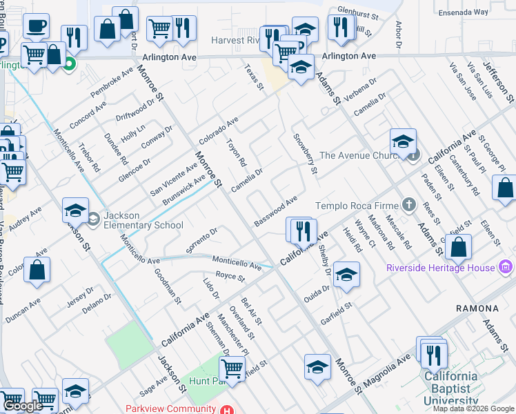 map of restaurants, bars, coffee shops, grocery stores, and more near 4334 Santee Place in Riverside