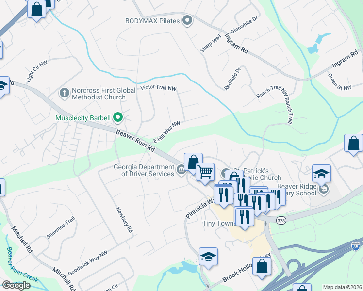 map of restaurants, bars, coffee shops, grocery stores, and more near 5188 Falconwood Court Northwest in Norcross