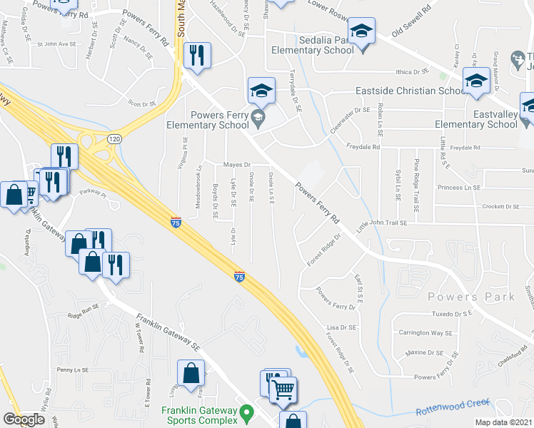 map of restaurants, bars, coffee shops, grocery stores, and more near 890 Oriole Lane South East in Marietta