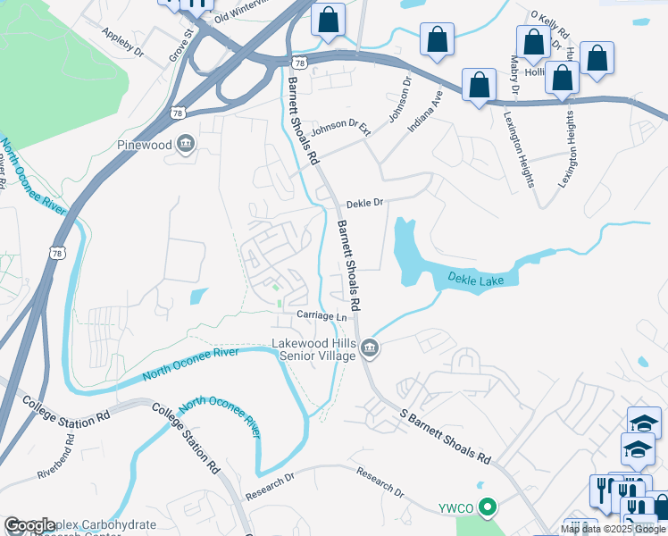 map of restaurants, bars, coffee shops, grocery stores, and more near 610 South Barnett Shoals Road in Athens