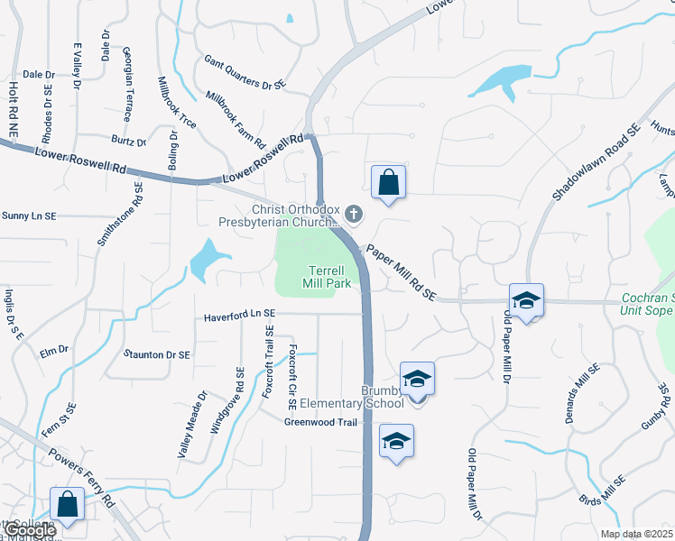 map of restaurants, bars, coffee shops, grocery stores, and more near 480 Terrell Mill Road in Marietta