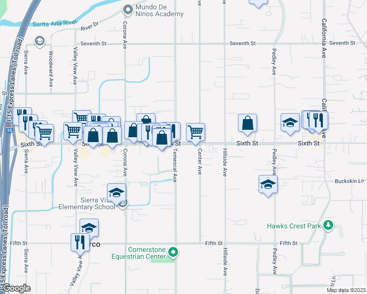 map of restaurants, bars, coffee shops, grocery stores, and more near 866 Sixth Street in Norco